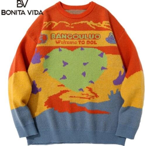 Bonita Vida Hip Hop Sweaters Streetwear Knitted Graffiti Heart Color Block Jumpers Harajuku Fashion Pullover Loose Casual Tops