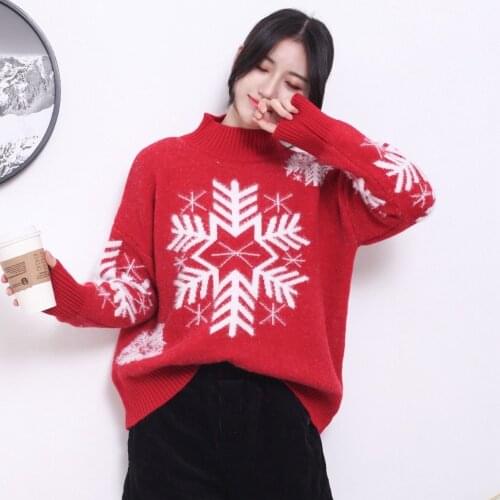 Christmas Sweater Women Winter Long Sleeve Turtleneck Snowflake pattern Knitted Pullover Loose Sweet Warm Sweater Jumper Tops