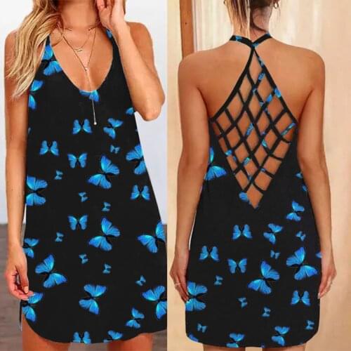 Sexy Backless Dress Women Halter V Neck Butterfly Printed Sleeveless Hollow Out Vintage Dress Summer Tank Mini Dresses Plus Size