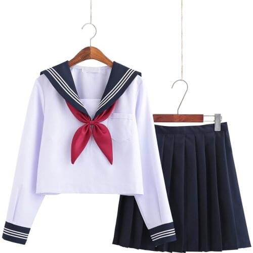 Girl Japanese Sailor School Uniform Long/Short Sleeve Tops+ Skirt +Tie Suits JK Clothes High School Cheerleader Uniform C50153AD