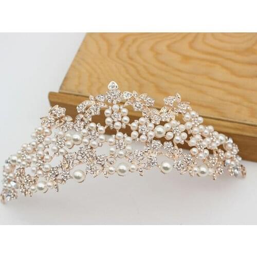 Handmade Rhinestone Big Tiara Simulated Pearl Fashion Bridal Hair Accessories Princess Queen Crown Tiara Wedding Hair Jewelry