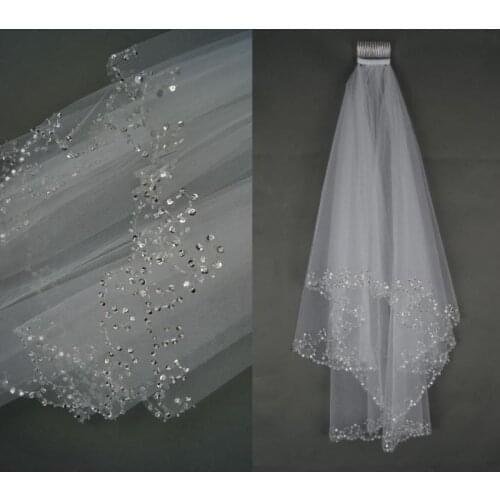2-layer fingertip length handmade beaded sequins bridal veil white ivory wedding veil comb