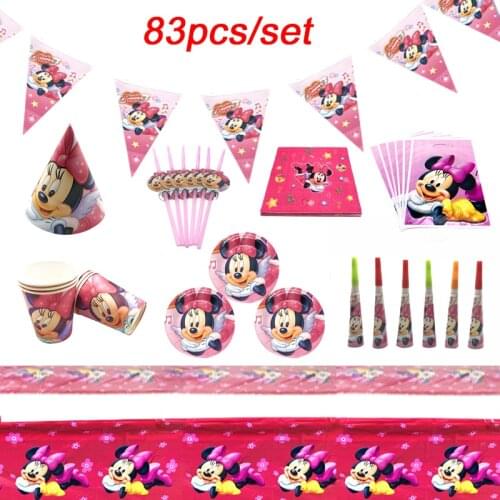 Disney Minnie Mouse Theme Baby Girls Happy Birthday Party Decoration Party Supplies Paper Cups Plates Straw Disposable Tableware