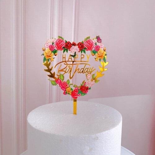 New Acrylic Happy Birthday Cake Topper Wedding Gold Flowers Cake Topper For Girls Birthday Party Cake Decorations Baby Shower