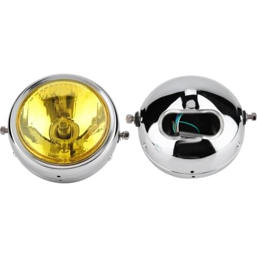 12V 35W Universal Retro Yellow Lens Silver Shell Headlamp Motorcycle Front Headlight Lamp Bulb Metal Shell & Glass Lens