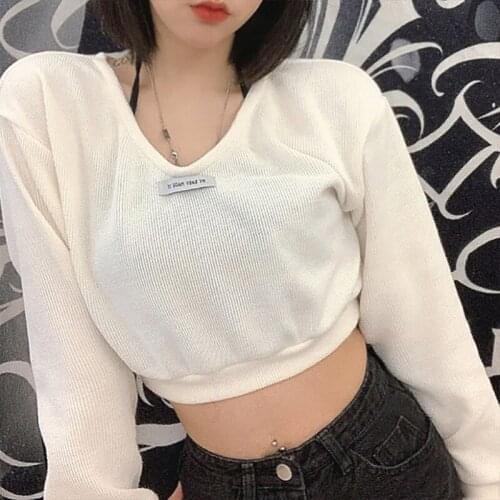 Women 2 Piece Long Sleeve Solid V-Neck Cropped Sweatshirt with Halter Tube Top