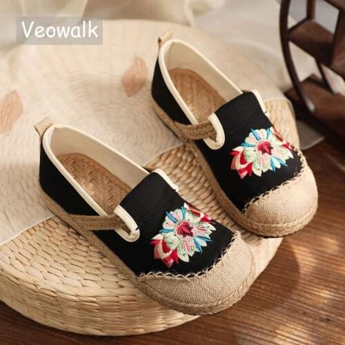 Veowalk Handmade Women Linen Cotton Embroidered Slip On Loafers with Woven Soles Vegan Espadrilles Sneakers Ladies Casual Shoes