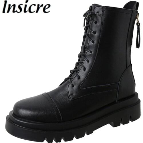 Insicre Women New Comfortable High Quality Leather Black Motorcycle Ankle Boots Fashion Round Toe Thick Heel Zipper Lace Up Shoe