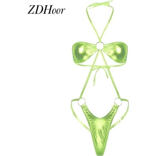 Womens Micro Mini Swimsuit Sexy Shiny Metallic Teddy Bodysuit Lingerie Halter Neck Backless Slingshot Trikini Thong Nightwear