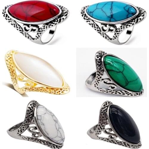 6 Colors Vintage Bohemian Style Oval Rings for Women Finger Ring Engagement & Wedding Bridal Band Jewelry Ring Size 6 -11