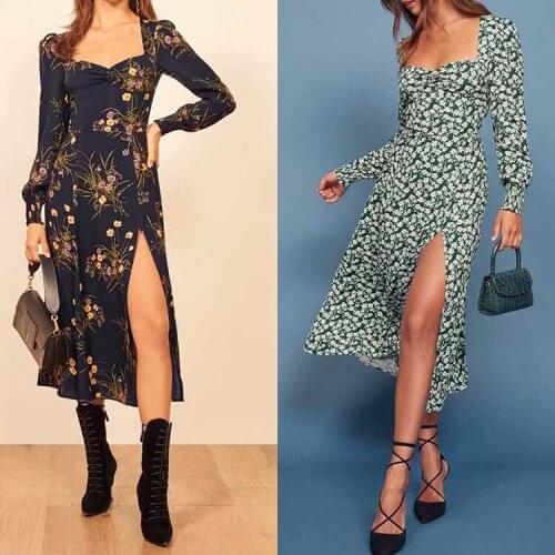 Womens Autumn Floral Square Neck Sexy Slim Dress Women Long Sleeve Party Dress Ruffle Elegant Clothes