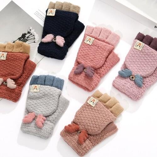 Winter Korean version of half-finger gloves female cute student adult wool clamshell warm clean household gloves