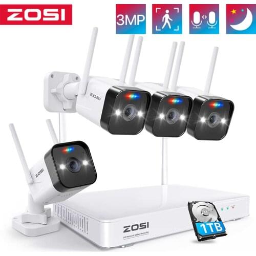 ZOSI 3MP W4 Lite Mesh WiFi System 8CH Surveillance NVR 4pcs WiFi IP Camera with Spotlight,2-Way Audio,AI Human Detection,Alarm