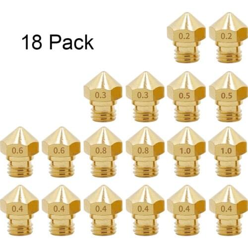 18Pcs Nozzle for 3D Printer M7 Brass Extruder Head Hotend Nozzles 0.2mm,0.3mm,0.4mm,0.5mm,0.6mm,0.8mm,1.0mm fit 1.75mm Filament