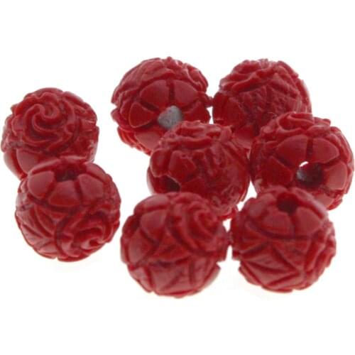 20pcs 8 10 12 14mm Carved Flower Cinnabar Red Beads Round Ball Loose Spacer Beads for Jewelry Making DIY Charm Bracelet Findings
