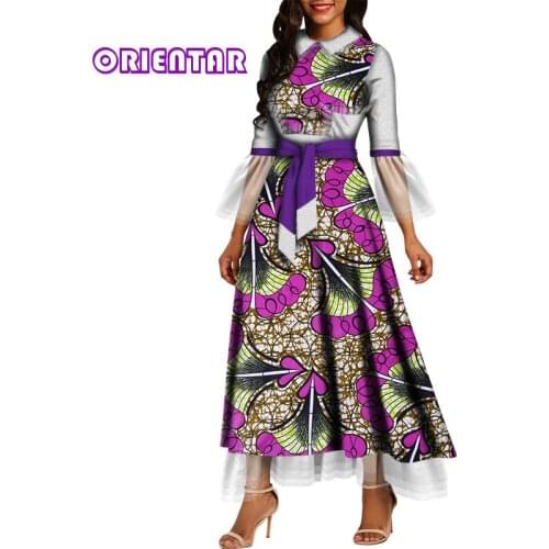 African Dresses for Women Dashiki Wax Ankara Print Dress with White Lace Bazin Riche Evening African Dress Africa Clothes WY5305