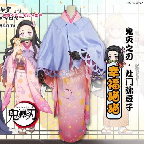 Anime! Demon Slayer: Kimetsu no Yaiba Kamado Nezuko Happy Cat Theme Kimono Uniform Cosplay Costume Halloween Party Outfit Women