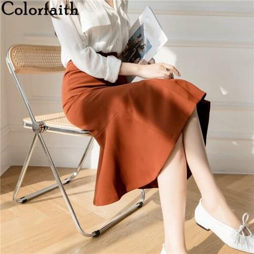 Colorfaith New 2021 Summer Women Skirts High Waist Package Hip Vintage Irregular Elegant Wild Office Lady Trumpet Skirts SK2231