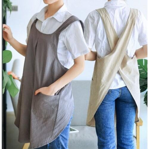 Cotton and Linen Apron Japanese and Korean Style Womens Home Comfortable Colorful Overalls Retro Bib Chef Cooking Apron Kitchen