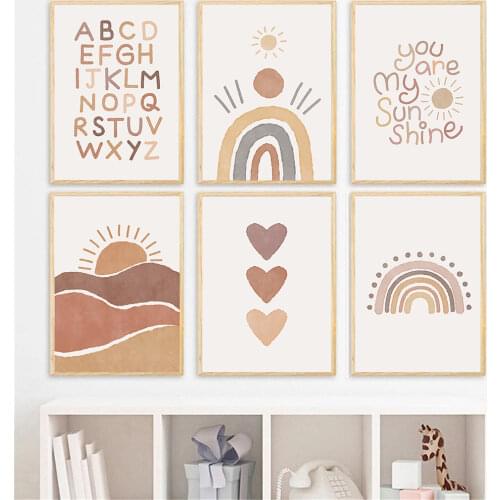 Abstract Heart Rainbow Canvas Print Poster Nursery Art Painting Sun Posters ABC Alphabet Wall Art Pictures Boho Kids Room Decor