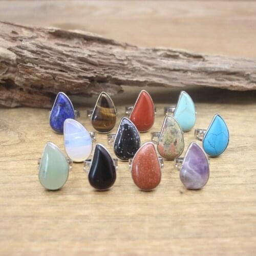 Drop Cabochon Natural Stone Ring Obsidian Unakite Lapis Turquoises Amethysts Resizable Finger Rings Women Fashion Jewelry,QC4124