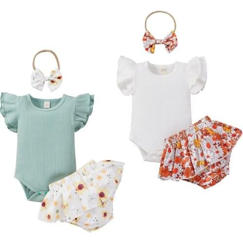 0-24M Newborn Baby Girl Clothes Sets 3pcs Fly Sleeve Bodysuit Tops Sunflower Skirted Shorts Bloomers Headband