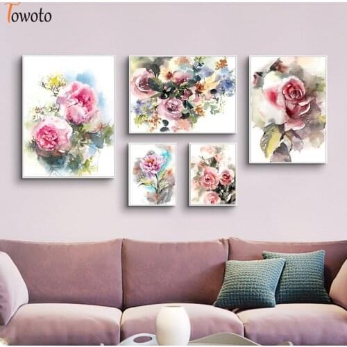 Watercolor Flower Wall Art Decoration Picture for Living Room Wall Poster Print Peony Pink Flora Canvas Painting Modern Decor