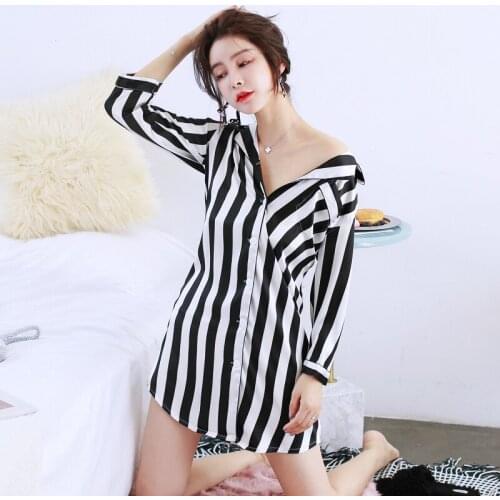 Sexy Stripe Nightgown Sleepwear Silky Satin Women Kimono Gown Nightdress Casual Bathrobe White Loose Shirt Style Homewear