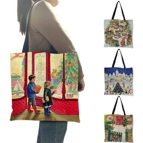 New Inspiration Christmas Snow Scenery Painting Womens Shoulder Bag Ladies Large Tote Handbags Shopping Bags For Groceries 13207