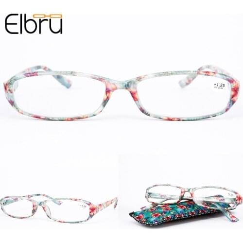 Elbru Portable Reading Glasses Spring Hinge Rectangular Flower Printed Presbyopic Spectacles With Glasses Pocket +1.0 to +3.5