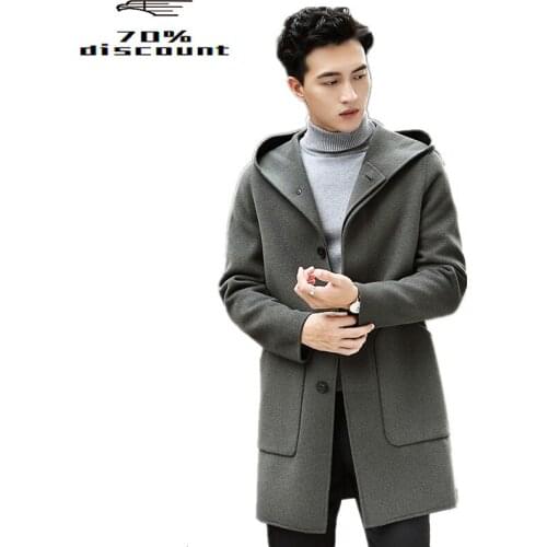 Real Wool Coat Autumn Winter Jacket Men Hooded Double-side Woolen Coat Streetwear Trench Coat T-24-069 MY2046