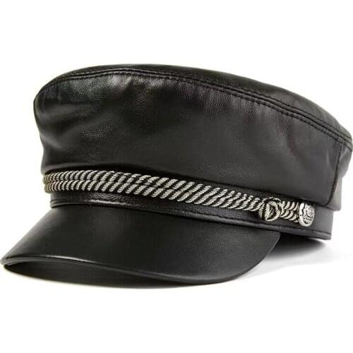 Fashion Real Leather Military Hat spring Sailor Hat For Women Men Black White flat top Female travel cadet hat Captain Cap