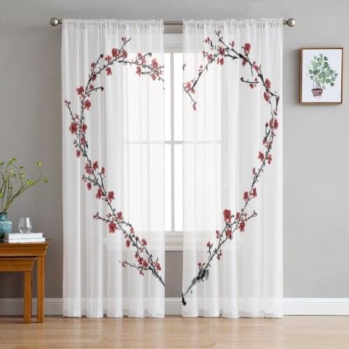 Plum Blossom Branch Love Heart Sheer Curtains for Living Room Bedroom Tulle Curtains Kitchen Window Treatments Panel Drapes