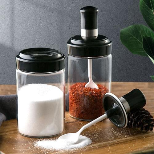 Glass Seasoning Kitchen Spice Kit Bottles Salt and Pepper Spoon Jars Oil Brush Honey Container Food Set Storage Transparent Lid