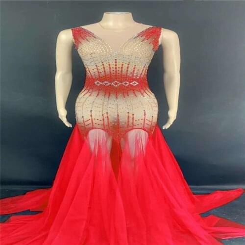 H96 Dancer Trailing Dress Sleeveless Diamond Drilling Chain Gradient Jumpsuit Elastic Stretched Slim Colorful Pearls Singer Bar