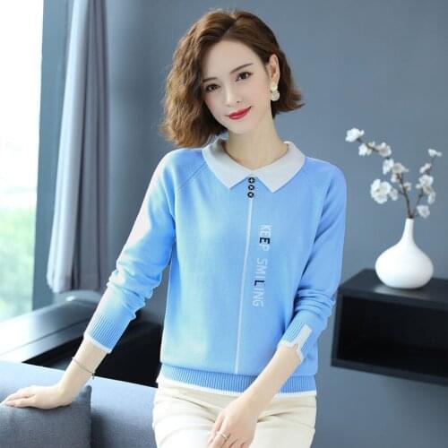 Knitted Pullover Sweater Autumn Winter Style Women Knitted Turn-down Collar Pullover Lady Casual Letter Printed Tops