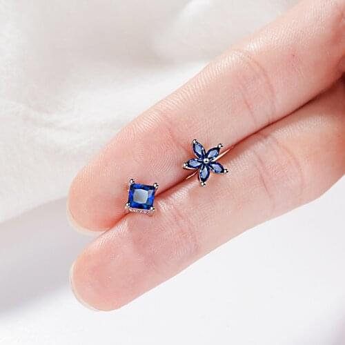 High Quality Royal Blue Crystal Zirconia Stone Earrings Asymmetry Stud Earrings Fashion Weddings Party Jewelry for Women