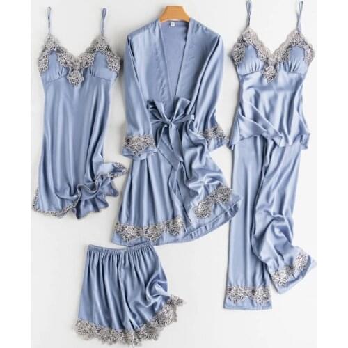Bridal Robe Set Women Satin Lace Trim Kimono Bathrobe Gown Sexy Wedding Bridesmaid Sleepwear Suit Casual V-Neck Nightgown