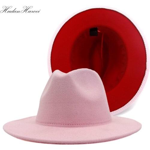 2020 Hot Sell Pink Red Patchwork Woolen Felt Fedora Hat with Wide Brim Wome Men Elegant Church Party Hat and Caps