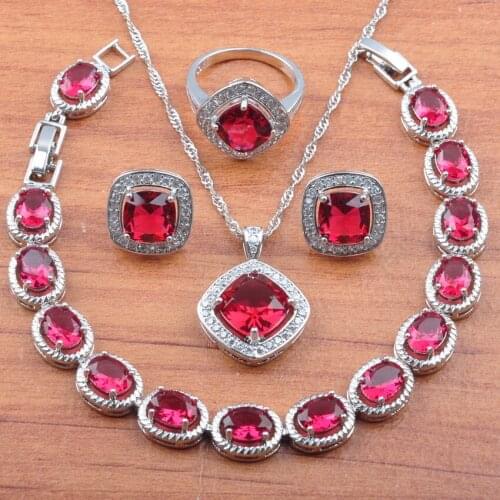 2021 New Square Rose Red Crystal Silver Color Jewelry Sets Wedding Bride Jewelrry For Women Earrings//Bracelet/Ring JS0129