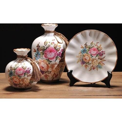 3Pcs/Set European ceramic vase dried flowers flower arrangement wobble plate living room entrance ornaments home decorations 057