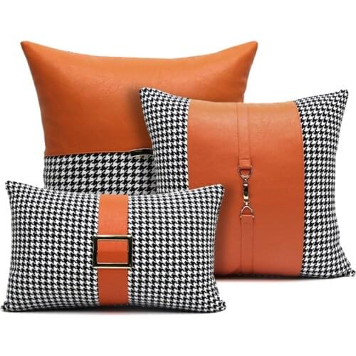 30x50/45/50cm luxury orange pu leather cushion cover pillowcase waist pillow cover black white houndstooth pillow cover buckle