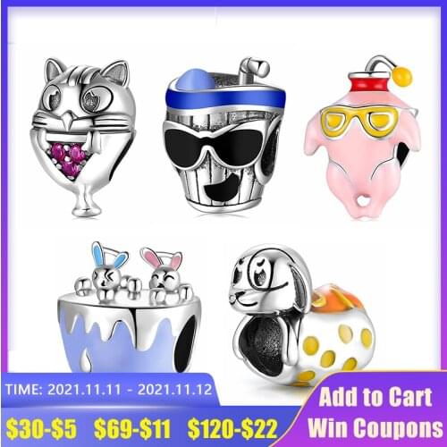 925 Sterling Silver Cool sunglasses Cask wine Drink series Fine Charms with CZ fits Original Bracelet Beads DIY Jewelry Making