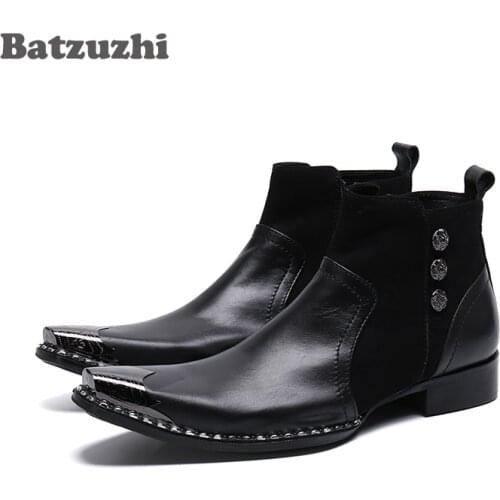 Batzuzhi Western Fashion Mens Boots Pointed Metal Toe Genuine Leather Dress Boots Business Black Leather Boots Botas Militares