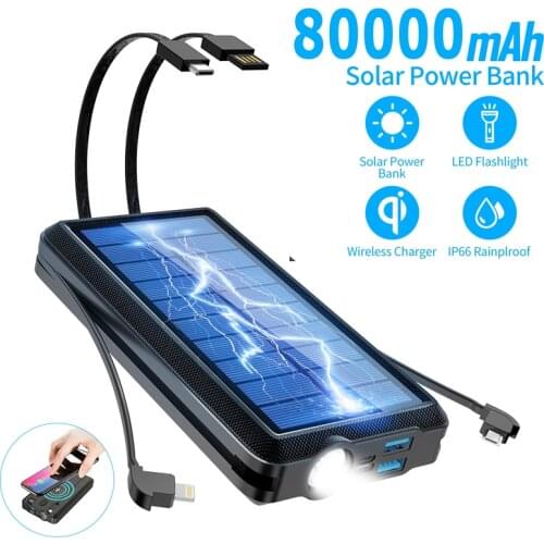 Qi Wireless Solar Power Bank 80000mah Portable Rechargeable Battery Panel LED Emergency Fast External Battery for Xiaomi Samsung