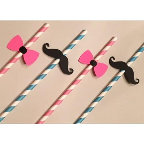 Glitter Mustache and Bow Baby Shower Gender Reveal birthday Stripe Paper Straws wedding baptism tea party straw