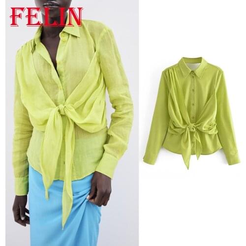 Za 2021 Women Chic Yellow Cotton and Linen Shirts Long Sleeve Sexy Backless Bow Sashes Blouses Streetwear Mujer Tops