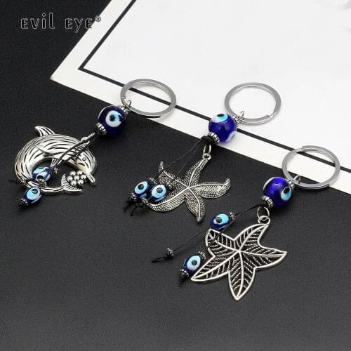 EVIL EYE Alloy Starfish Dolphin Charm keychain Car Keyring Silver Color Ring Key Chain Fashion Jewelry for Women Men EY6732