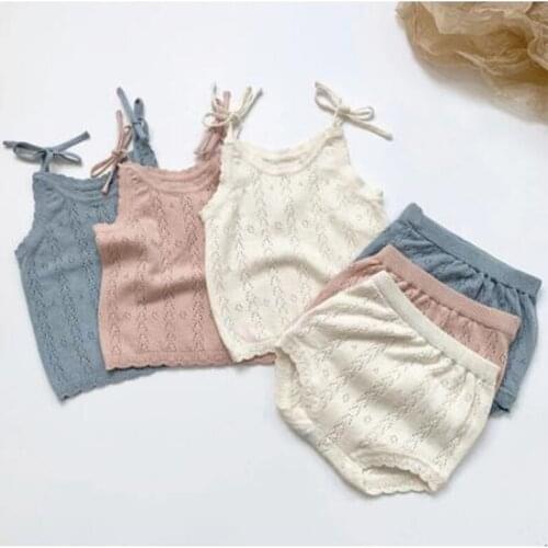 Baby Girl Hollow Out Clothes Girls Braces Knit Shorts Suit Infant Outfit Set New 2021 Summer Baby Girl Clothing