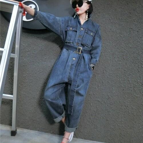 Vintage Women Boyfriend Loose Fit Casual One Piece Jeans Female Belt Sashes Denim Jumpsuits European Overalls Big Pockets Blue